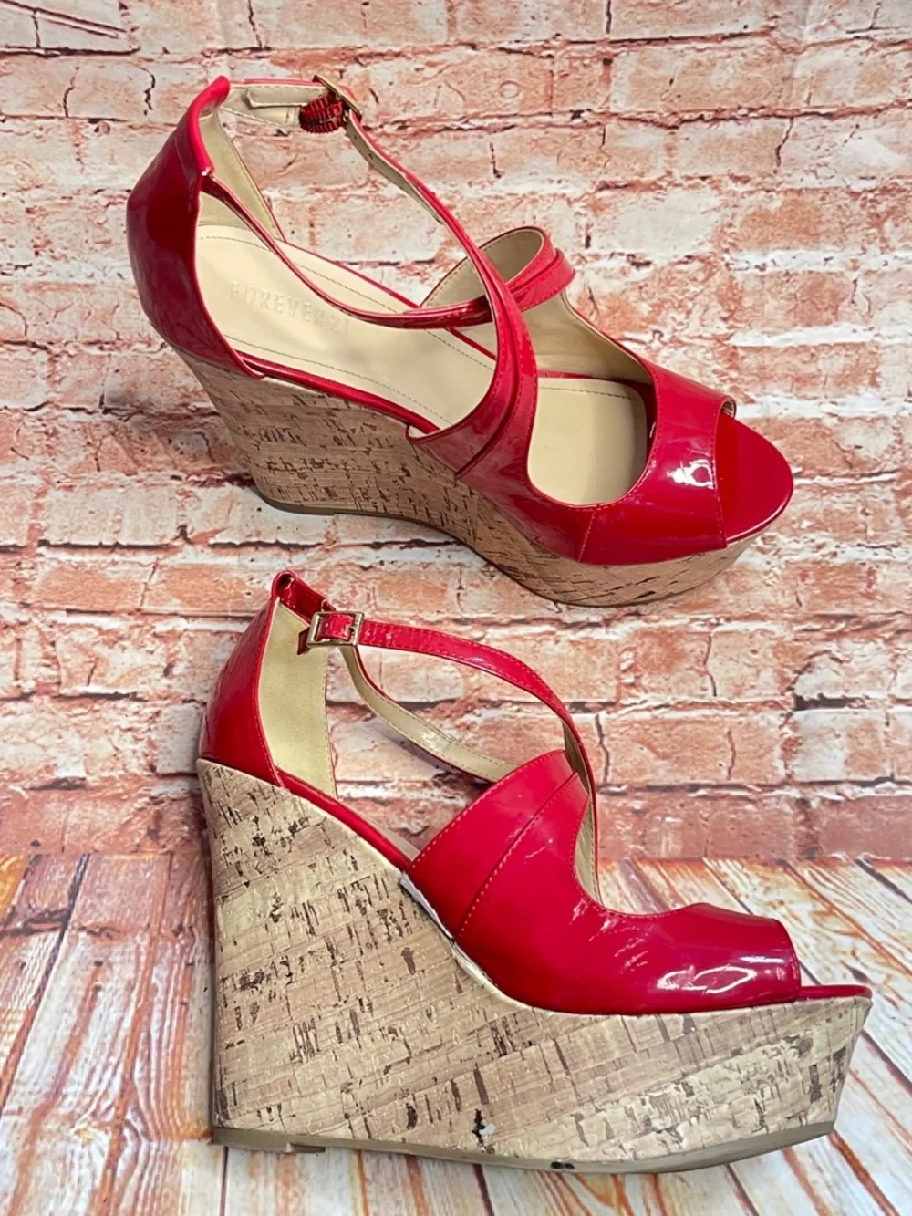Forever 21 Red Peep Toe Ulta High Patent Leather Wedges with Cork Platform
